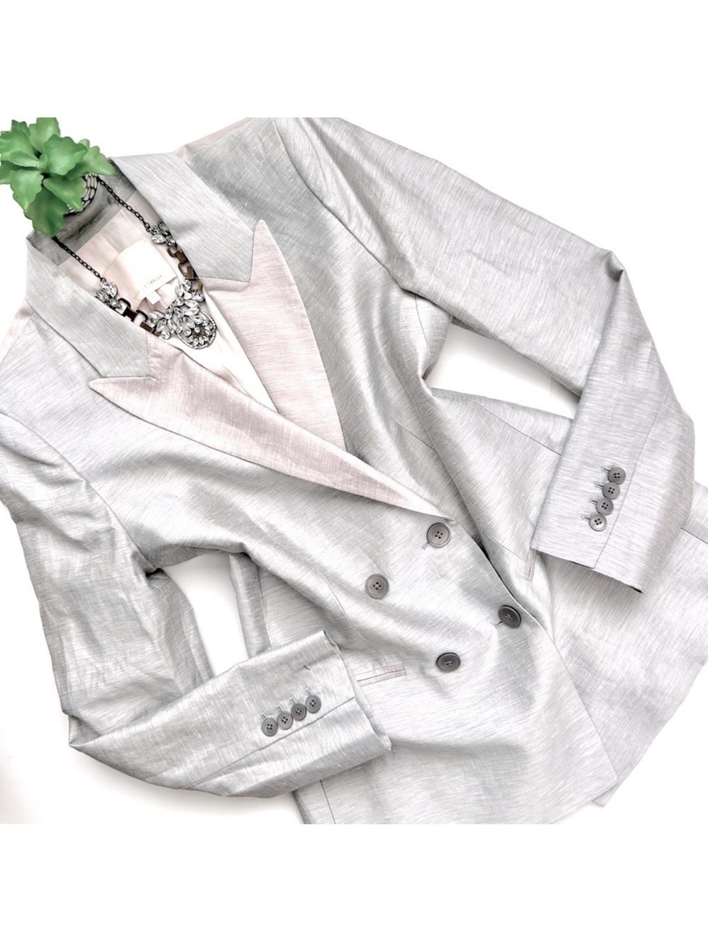 Rebecca Taylor Slub Linen Blend Gray and Pink Double Breasted Blazer Size 10